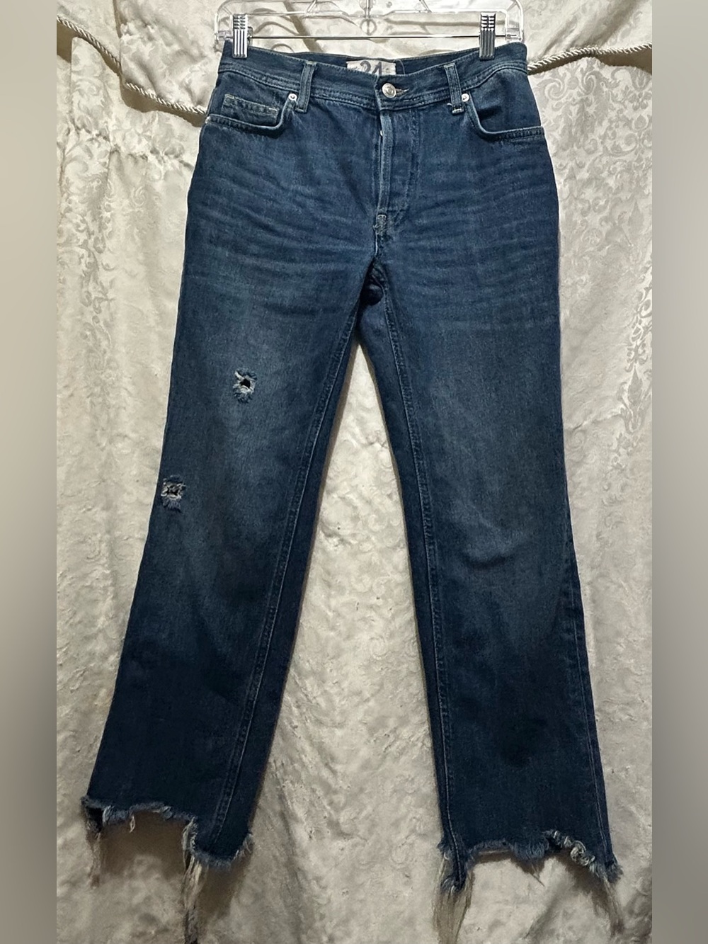 We The Free Dark Indigo Straight-Leg Jeans with Distressed Knees